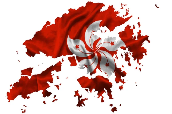 Waving Textile Flag Hong Kong Fills Special Administrative Region Map — Stock Photo, Image