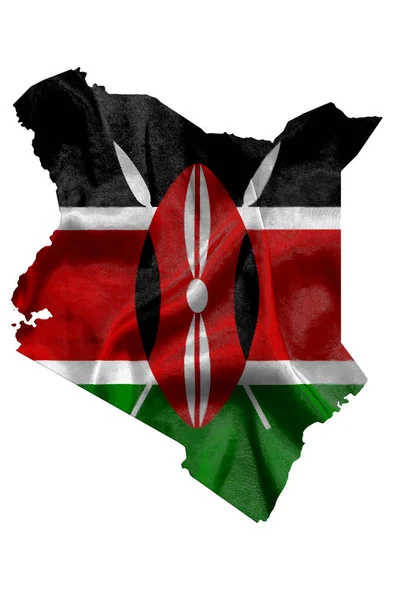 Acenando Bandeira Têxtil Quênia Enche Mapa País Branco Isolado Fundo — Fotografia de Stock