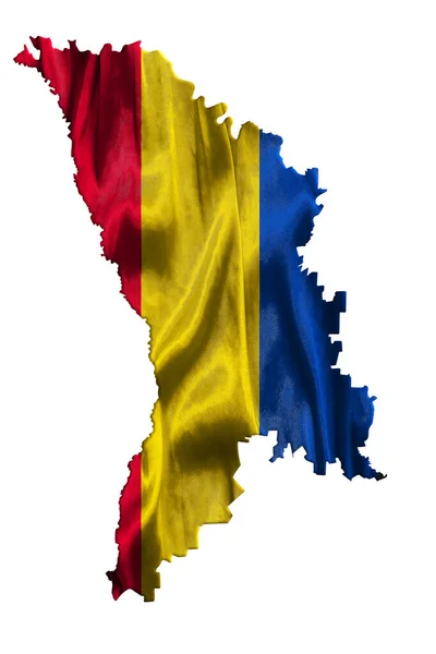 Acenando Bandeira Têxtil Moldávia Enche Mapa País Branco Isolado Fundo — Fotografia de Stock