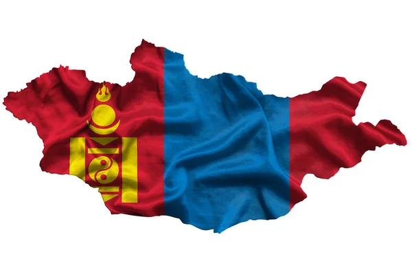 Sventolando Bandiera Tessile Della Mongolia Riempie Mappa Del Paese Bianco — Foto Stock