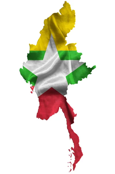 Waving Textile Flag Myanmar Fills Country Map White Isolated Background — Stock Photo, Image