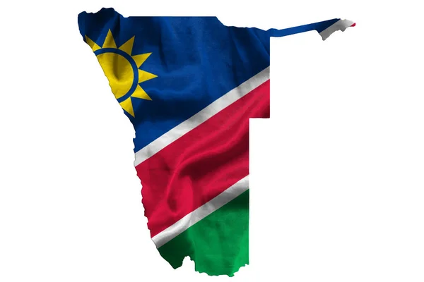 Acenando Bandeira Têxtil Namíbia Enche Mapa País Branco Isolado Fundo — Fotografia de Stock