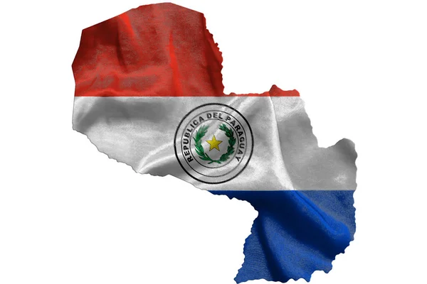 Waving Textile Flag Paraguay Fills Country Map White Isolated Background — Stock Photo, Image