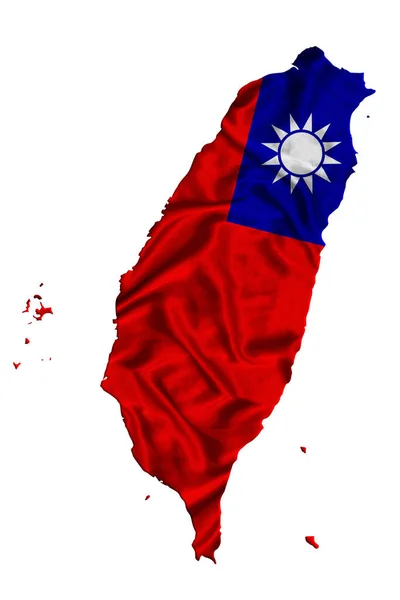 Tayvan Tekstil Bayrağını Sallamak Ülke Haritasını Dolduruyor Beyaz Izole Arkaplan — Stok fotoğraf