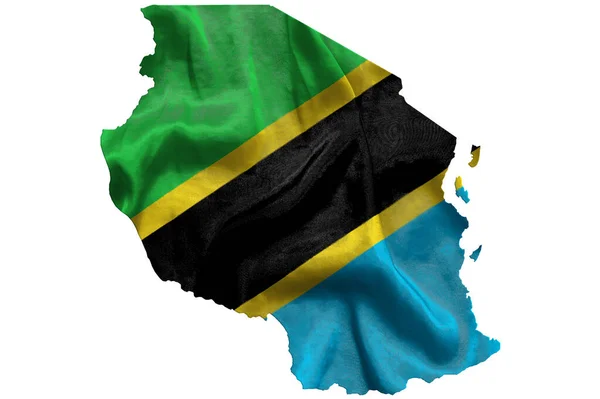 Acenando Bandeira Têxtil Tanzânia Enche Mapa País Branco Isolado Fundo — Fotografia de Stock