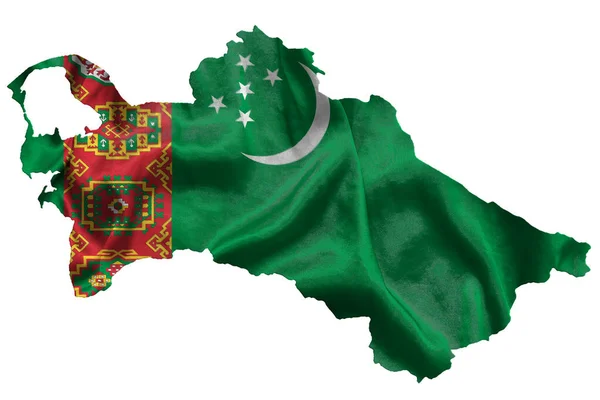土库曼斯坦飘扬的纺织品国旗填上了国家地图 白色孤立背景 3D插图 — 图库照片