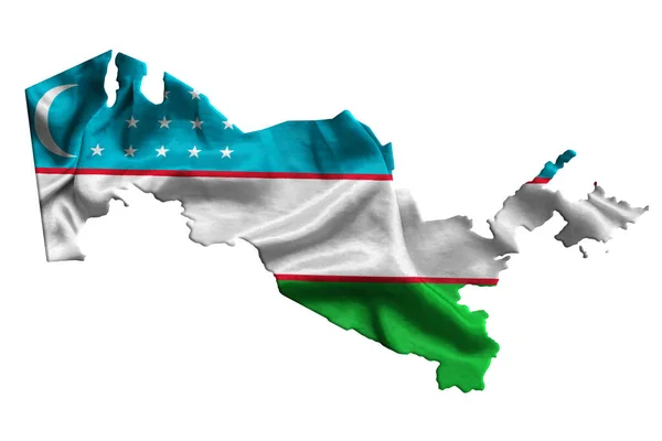 Waving Textile Flag Uzbekistan Fills Country Map White Isolated Background — Stock Photo, Image