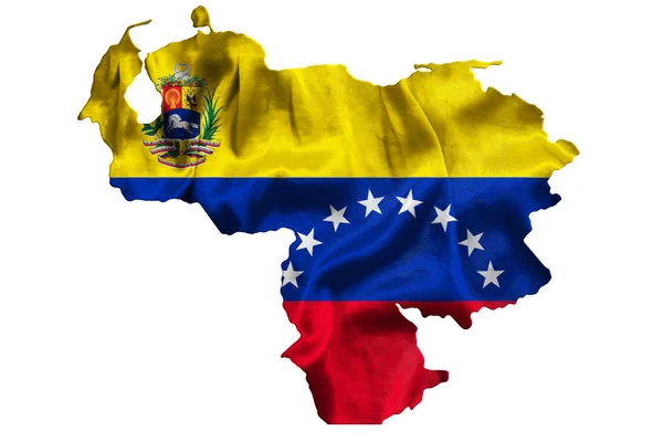 Acenando Bandeira Têxtil Venezuela Enche Mapa País Branco Isolado Fundo — Fotografia de Stock