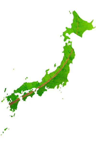 Mapa Japonii Zielonym Liściu Tekstury Białym Odizolowanym Tle Ekologia Koncepcja — Zdjęcie stockowe