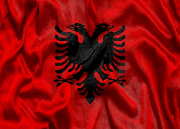 Εθνική Σημαία Αλβανίας Υφασμάτινη Υφή Σημαία Της Αλβανίας Κυματίζει Στον — Φωτογραφία Αρχείου