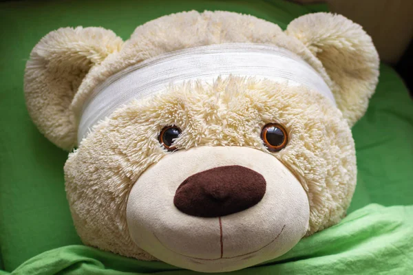 Teddy Bear Bandage Lying Bed Top View Close Royalty Free Stock Photos