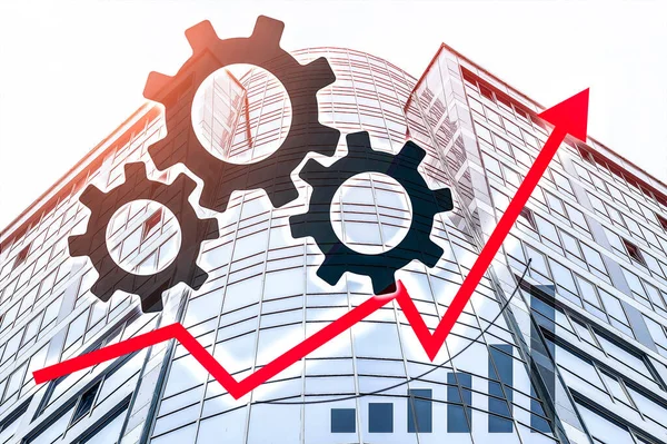 Arka plandaki cam cephesinde büyüme grafiği ve vites simgeleri. Endüstriyel büyüme kavramı, verimliliği artırdı