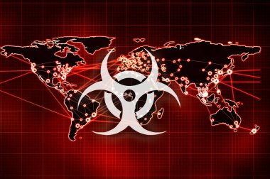 Ekranda biyolojik tehlike işareti var. Kırmızı bir dünya haritasında enfeksiyon salgını ve salgın hastalık yayılıyor. Görüntü ögeleri NASA tarafından sağlandı.