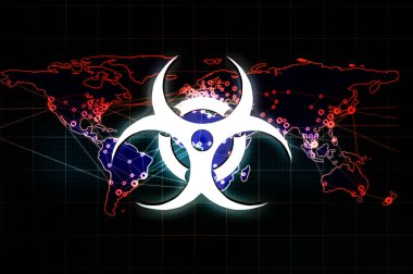 Dünya haritasının arka planında biyolojik tehlike işareti var. Olayın merkezinin küresel salgını. NASA 'nın görüntü öğeleri.