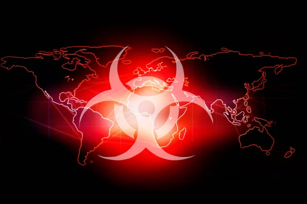 Biohazard sign on a world map outline background. Global outbreak. Image elements provided by NASA