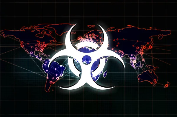 Biohazard Sign World Map Outline Background Global Outbreak Epicenter Incidence — Stock Photo, Image