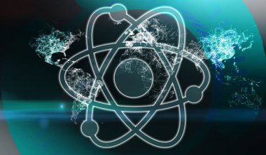 Dünya gezegeninin soyut haritasının arka planında çekirdeği olan atomlar. Bilim ve teknoloji. Küresel dünya kavramı. 3d oluşturma