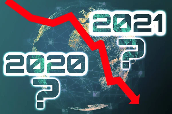 红色箭头瞄准在一个抽象的地球地图的背景上 2020年和2021年世界经济悲观预测的概念 — 图库照片