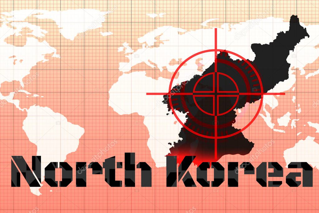 North Korea on the map at gunpoint. The concept of conflict, military threat, preparation of the invasion