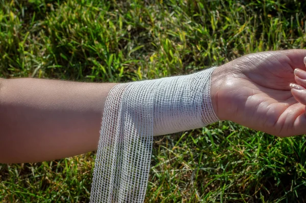 Young Woman Hands Independently Apply Antibacterial Medical Bandage Her Wrist — Stock Photo, Image