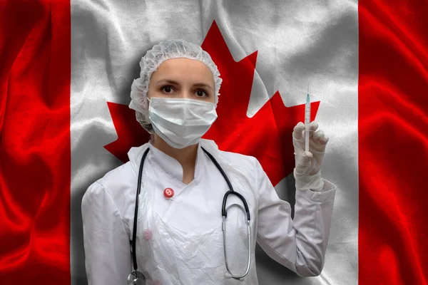 Young Woman Doctor Medical Uniform Background National Flag Canada Holding — Stock Photo, Image