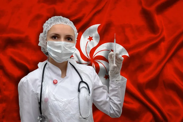 Una Joven Doctora Uniforme Médico Fondo Bandera Nacional Hong Kong — Foto de Stock