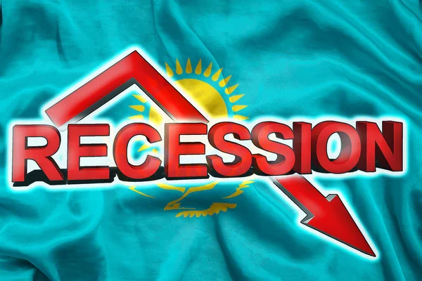 Economic crisis in Kazakhstan. Flag of the Kazakhstan, red arrow down and the inscription Recession. Slowdown and decline of the economy. 3d illustration.