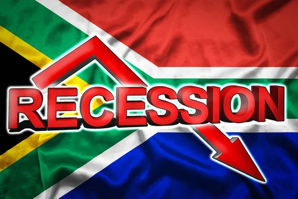 Economic crisis in South Africa. Flag of the South Africa, red arrow down and the inscription Recession. Slowdown and decline of the economy. 3d illustration.
