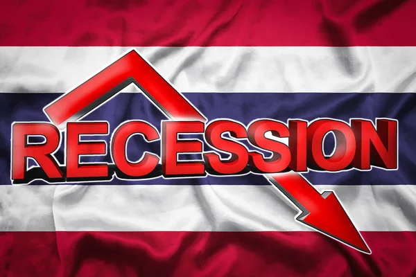 Economic crisis in Thailand. Flag of the Thailand, red arrow down and the inscription Recession. Slowdown and decline of the economy. 3d illustration.