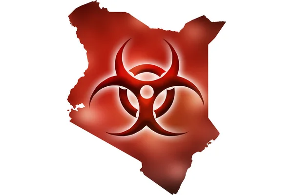 Sinal Risco Biológico Fundo Mapa Contorno Quénia Com Brilho Vermelho — Fotografia de Stock