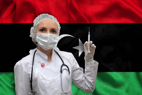 Jonge Vrouwelijke Arts Medisch Uniform Achtergrond Van Nationale Vlag Van — Stockfoto