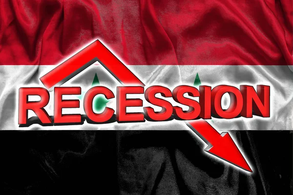 Economic crisis in Syria. Flag of the Syria, red arrow down and the inscription Recession. Slowdown and decline of the economy. 3d illustration.