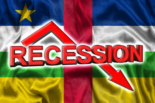 Economic crisis in CAR. Flag of the Central African Republic, red arrow down and the inscription Recession. Slowdown and decline of the economy