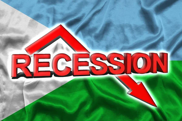 Economic crisis in Djibouti. Flag of the Republic of Djibouti, red arrow down and the inscription Recession. Slowdown and decline of the economy