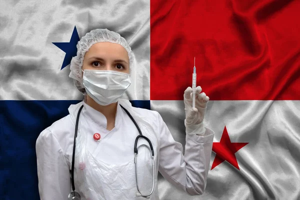 Una Joven Doctora Uniforme Médico Fondo Bandera Nacional Panamá Sostiene — Foto de Stock