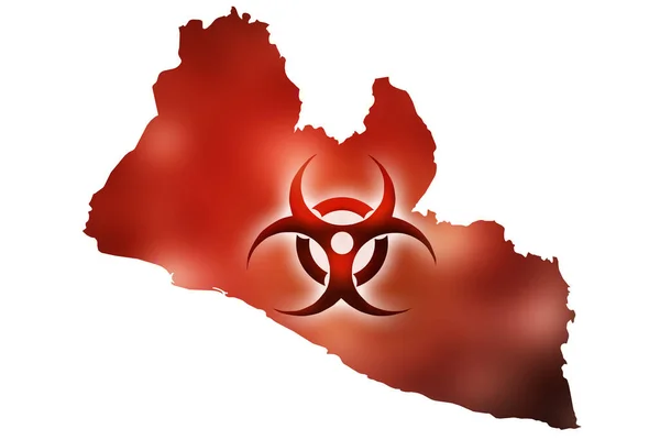 Biológiai Veszélyt Jelző Jel Vörös Fényű Libéria Kontúrtérképének Hátterében Betegségek — Stock Fotó