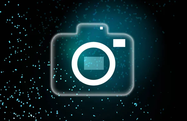 Glowing neon digital camera icon on dark abstract background with bright dots.