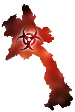 Kırmızı parıltılı bir laos haritasının arka planında biyolojik tehlike işareti var. Laos 'ta yeni bir salgın hastalık ve salgın konsepti.
