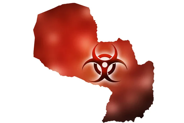 Biohazard sign against the background of a contour map of Paraguay with a red glow. The concept of a new outbreak of diseases and epidemics in Paraguay.