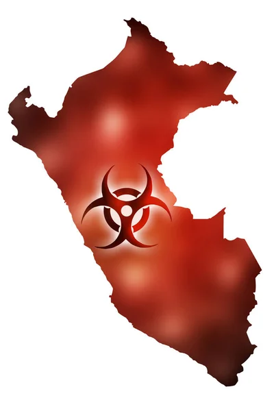 Biológiai Veszélyt Jelző Jel Vörös Fényű Peru Kontúrtérképének Hátterében Betegségek — Stock Fotó
