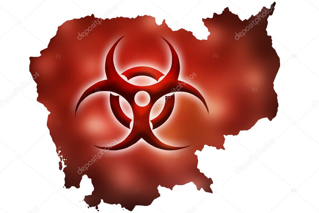 Biohazard sign against the background of a contour map of Cambodia with a red glow. The concept of a new outbreak of diseases and epidemics in Cambodia.