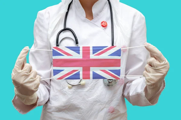 Epidemia Gran Bretaña Una Joven Doctora Con Abrigo Guantes Médicos — Foto de Stock