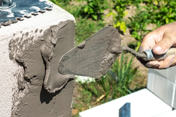 Builder Puts Mortar Brickwork Trowel Building Wall Eps Block — Stock Photo, Image