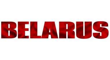 Kırmızılı Belarus kelimesi beyaz arkaplanda sallanan bir tuval dokusuyla. Resmin tamamı, Beyaz Rusya Cumhuriyeti 'nin gayri resmi, muhalefet veya protesto bayrağının renklerini temsil ediyor. resim - resimleme