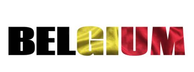 Belçika bayrağının renginde sallanan Belçika kelimesi. İzole edilmiş arka planda ülke adı. resim - resimleme