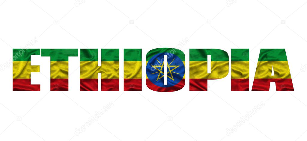 The word Ethiopia in the colors of the waving Ethiopian flag. Country name on isolated background. image - illustration