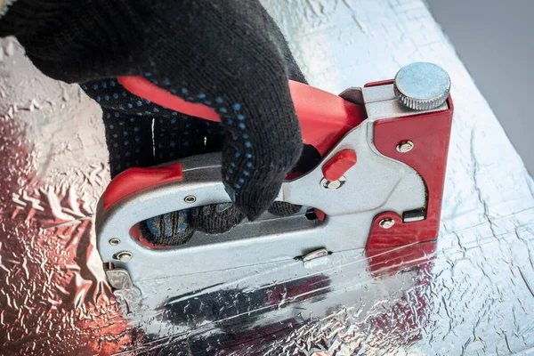 Industrial Stapler Man Hand Holds Foil Covering Joiner Works Furniture — Stock Photo, Image