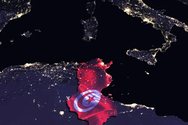 Map of Tunisia with embedded national flag at night from space. The surface of the planet and the visible lights of cities. Image elements courtesy of NASA. 3D illustration