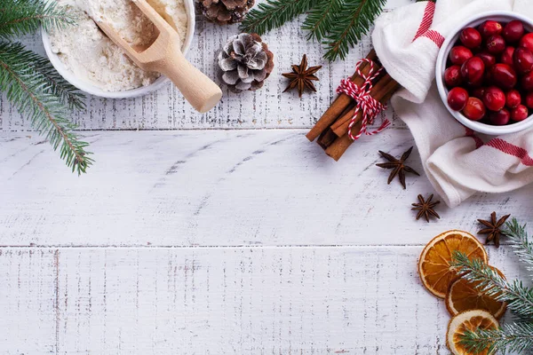 Backhintergrund Mit Zutaten Zum Kochen Von Weihnachtsgebäck Mehl Brauner Zucker — Stockfoto