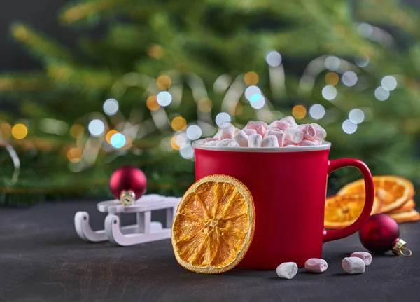 Hot Chocolate Marshmallows Dried Candied Orange Red Cups Christmas Holiday — Stock Photo, Image